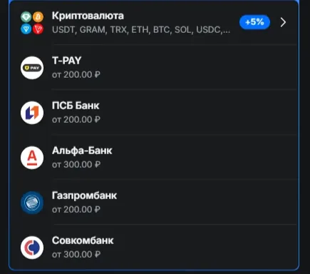Методы пополнения в JetTon: крипта с меткой «+5%», T-PAY и банки