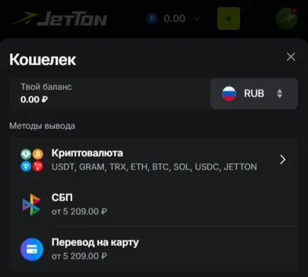 Окно «Кошелёк» JetTon: баланс в рублях и три метода вывода